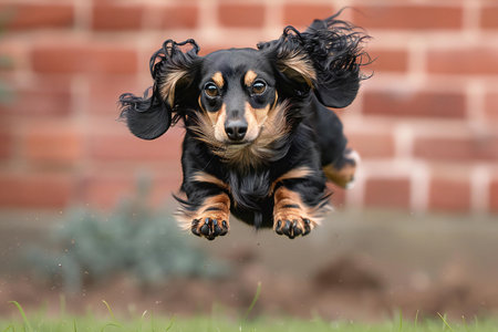 Miniature Dachshund jumping in the gardenの写真素材