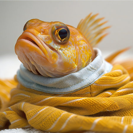 Closeup of an orange fish with a scarf on a white background