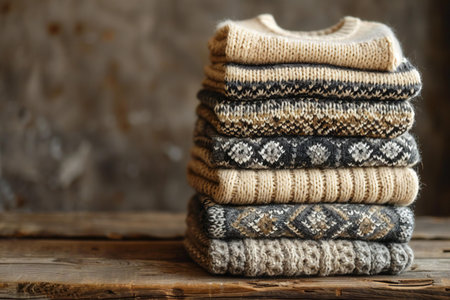 Stack of knitted sweaters on a wooden background. Winter clothing.