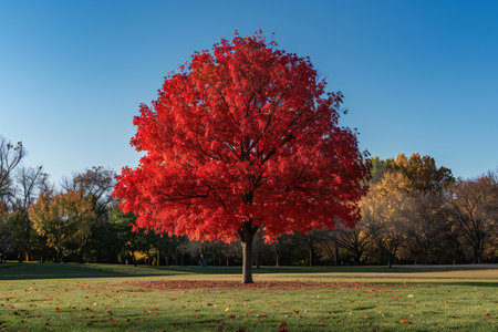 Maple tree in the autumn park with red leaves and blue sky