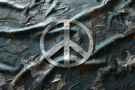 Peace symbol on a crumpled metal background. 3d renderingの写真素材