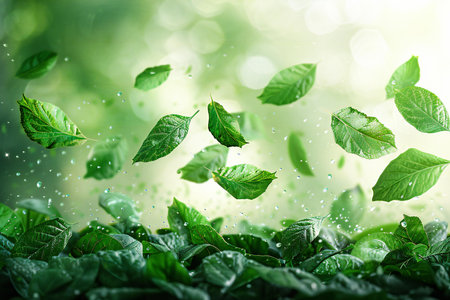 Fresh green leaves with water drops on nature background. Ecology and environment conceptの写真素材