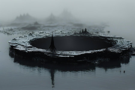Falling drops of water on the surface of the lake in the fog