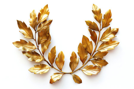 Golden laurel wreath isolated on white background. Top view.の写真素材