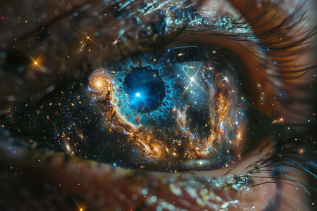 Close-up view of human eye with cosmic glowing iris.