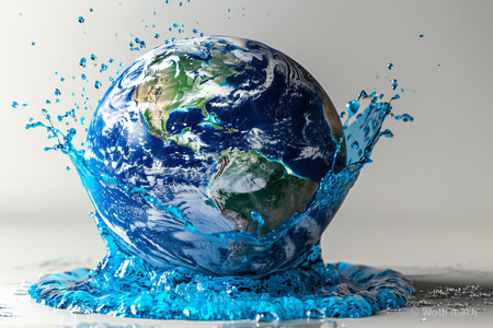 Earth globe in water splashes on white background. 3d illustrationの写真素材