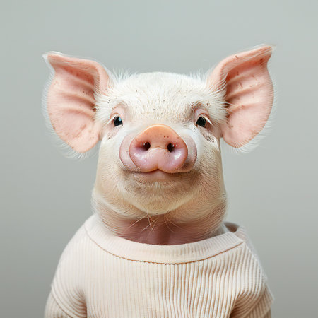 Portrait of a cute pig in a sweater on a gray backgroundの写真素材
