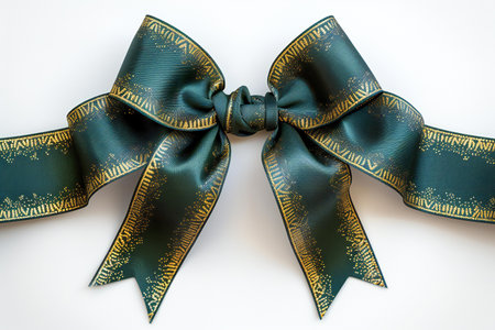 Green bow on a white background. Isolated bow with gold pattern.