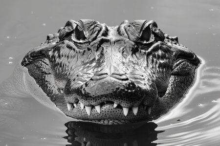 Crocodile in the water. Black and white photo.の写真素材