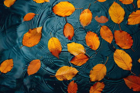 Colorful autumn leaves floating in the water. Fallen leaves on the water.の写真素材