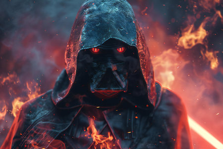 Man in a gas mask with a hood against the background of a burning fire.の写真素材