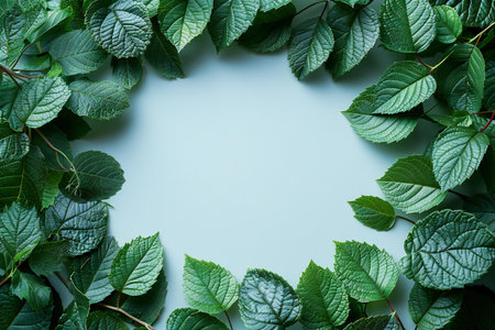 Green leaves frame on blue background. Flat lay, top view.
