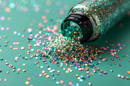 Nail polish bottle with glitter and sparkles on green background.の写真素材