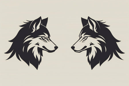 Illustration of two wolf heads, black and white version, vector