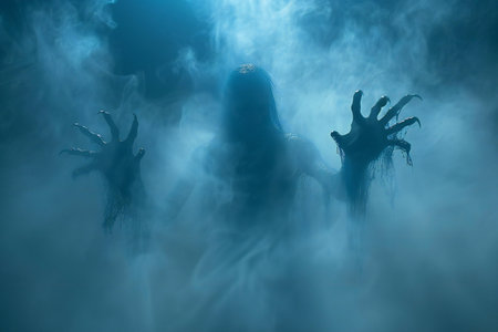 Halloween background with scary zombie hands in the fog. 3d rendering