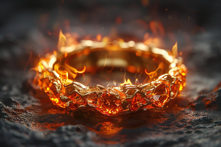 Wedding gold ring in flames. Jewelry and luxury conceptの写真素材