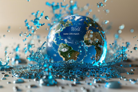 3d illustration of water splash around earth globe with world map.の写真素材