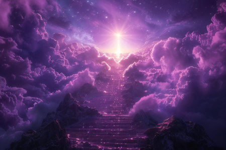 Staircase to heaven with rising sun and clouds. 3D rendering