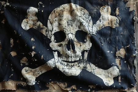 Grunge Pirate flag with skull and bones on old fabric background