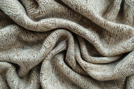 Crumpled beige knitted fabric as background, top viewの写真素材