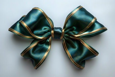 Green satin bow on white background. Top view. Flat lay.の写真素材