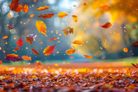 Autumn leaves flying in the air in the park. Autumn background