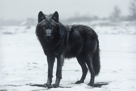 Black wolf standing in the snow on a cold winter day, Czech Republicの写真素材