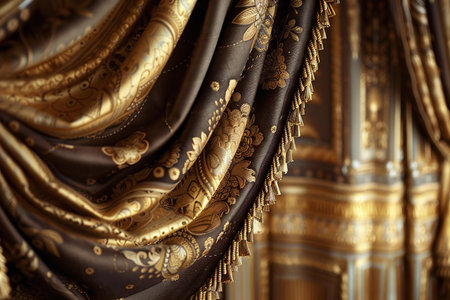 The texture of the silk fabric is brown with gold pattern. Abstract background.の写真素材