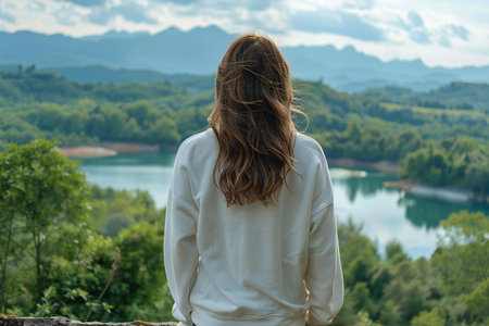 Young woman with long hair looking at beautiful view of mountains and lakeの写真素材