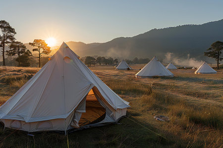 Camping tent in the mountains at sunrise, Phu Kradueng National Park, Loei, Thailandの写真素材