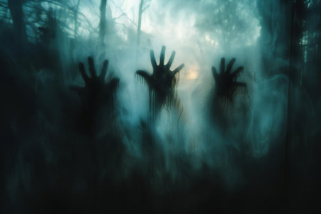 Halloween concept. Silhouette of zombie hands in the dark forest.の写真素材
