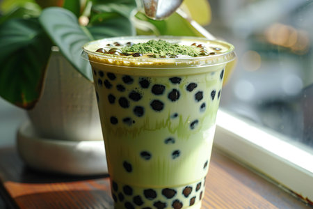 Iced matcha green tea latte with bubbles in cafe.の写真素材
