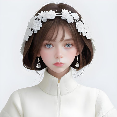 Portrait of a beautiful little girl in a white dress with a wreath on her headの写真素材