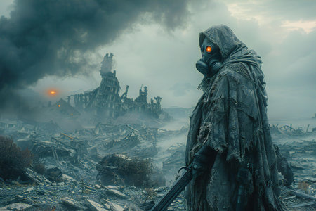 Scary monster standing in the ruins of a destroyed temple. Halloween concept.の写真素材