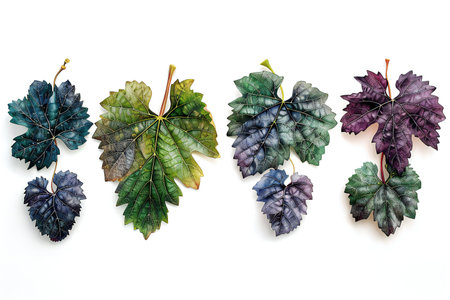Grape leaves isolated on white background. Flat lay, top view.の写真素材