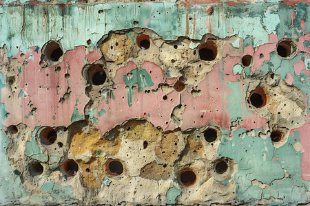 Rusty wall with holes and peeling paint. Abstract background for design.の写真素材