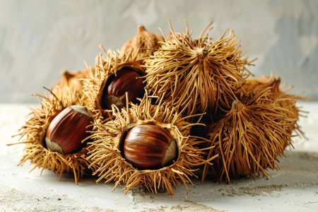 chestnuts on a white background. tinting. selective focus on chestnutの写真素材