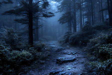 Mysterious forest in the morning. Fantasy landscape with path and fogの写真素材