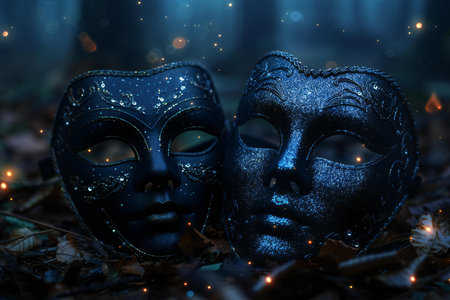 Black carnival masks on a dark forest background. 3d renderingの写真素材