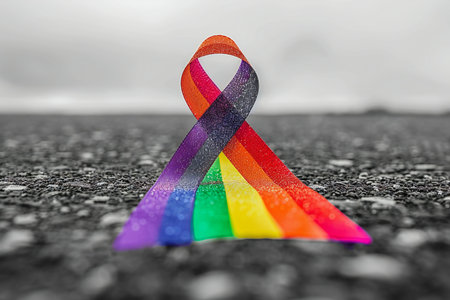 Rainbow ribbon on asphalt background.の写真素材