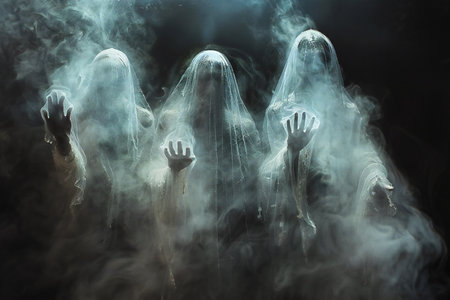 Halloween concept. Hands in the smoke of ghosts on a dark backgroundの写真素材