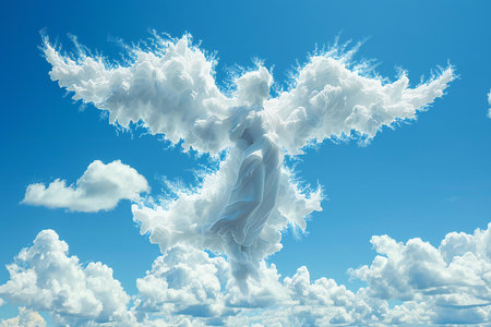 White angel on blue sky background. 3D illustration. Fantasy and dream concept.の写真素材