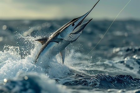 Swordfish jumping out of the water with fishing rod in mouth.の写真素材