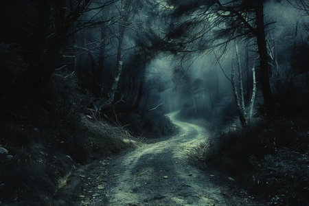 Mystical dark forest road in the mountains.の写真素材