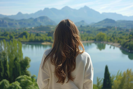Young woman with long brown hair looking at the lake and mountains.の写真素材