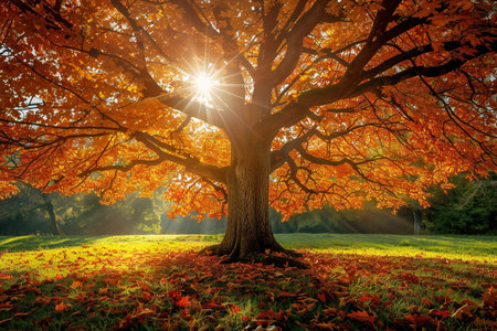 Autumn landscape with a big tree in the rays of the sunの写真素材