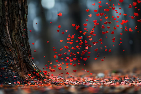 Red hearts on the ground in the forest with bokeh backgroundの写真素材