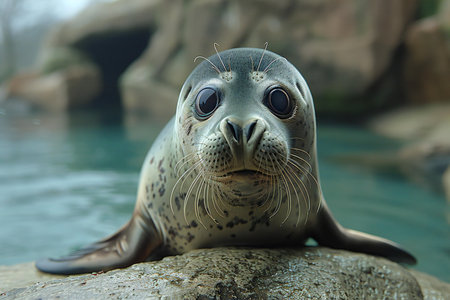 Close up of a sea lion resting on a rock in the waterの写真素材