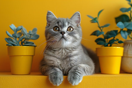 Cute cat and houseplants on yellow background, closeupの写真素材