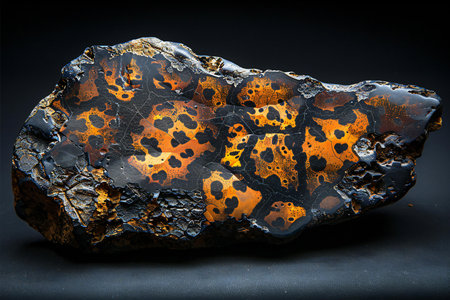 closeup of sample of natural mineral from geological collection - iron ore on black backgroundの写真素材